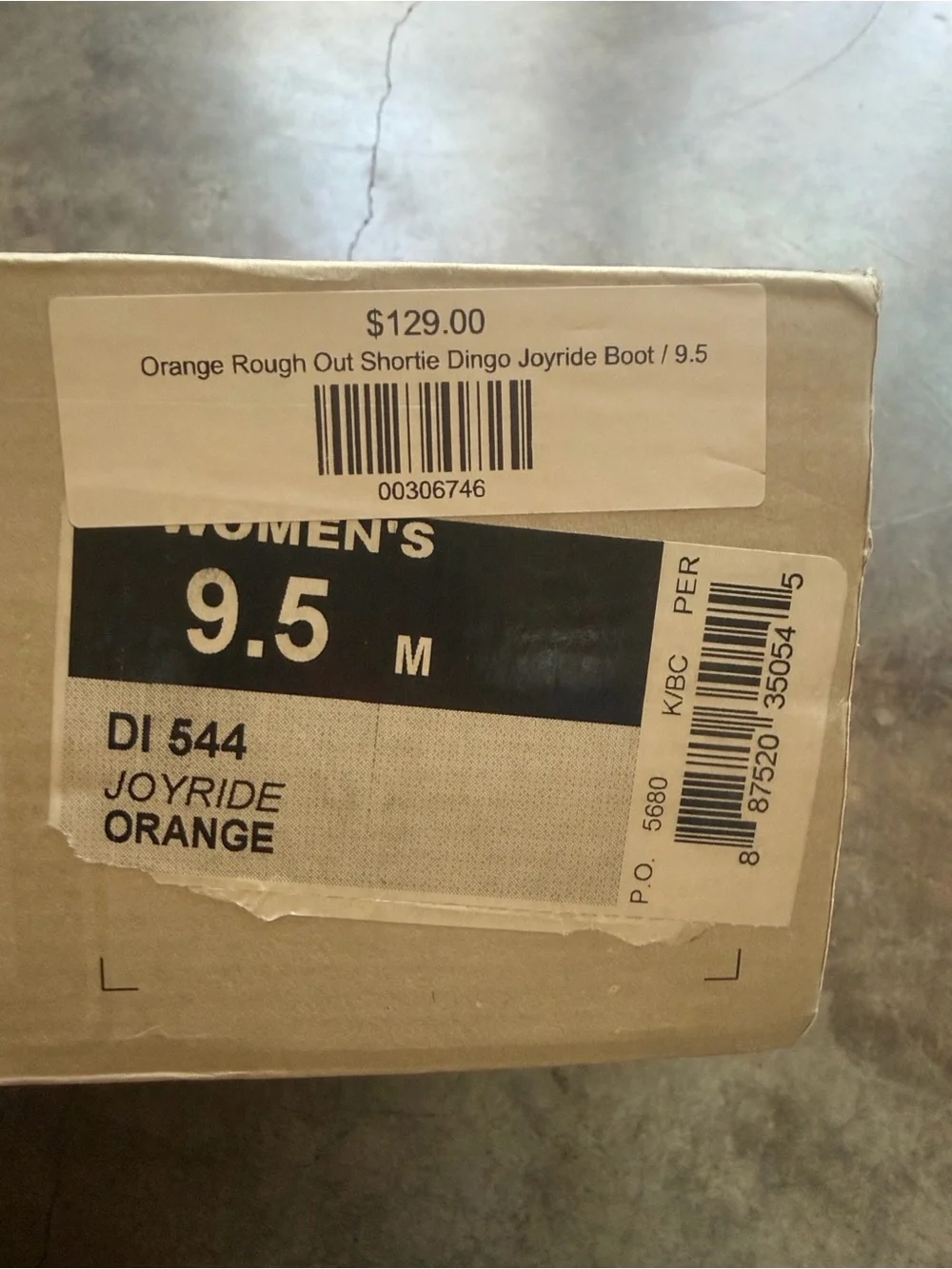 dingo Orange Joyride Shortie Boot Box Label